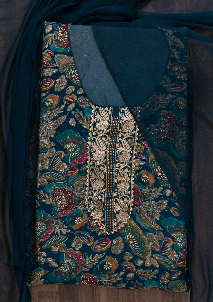 Peacock Blue Semi Crepe Swarovski Unstitched Salwar Suit-Koskii