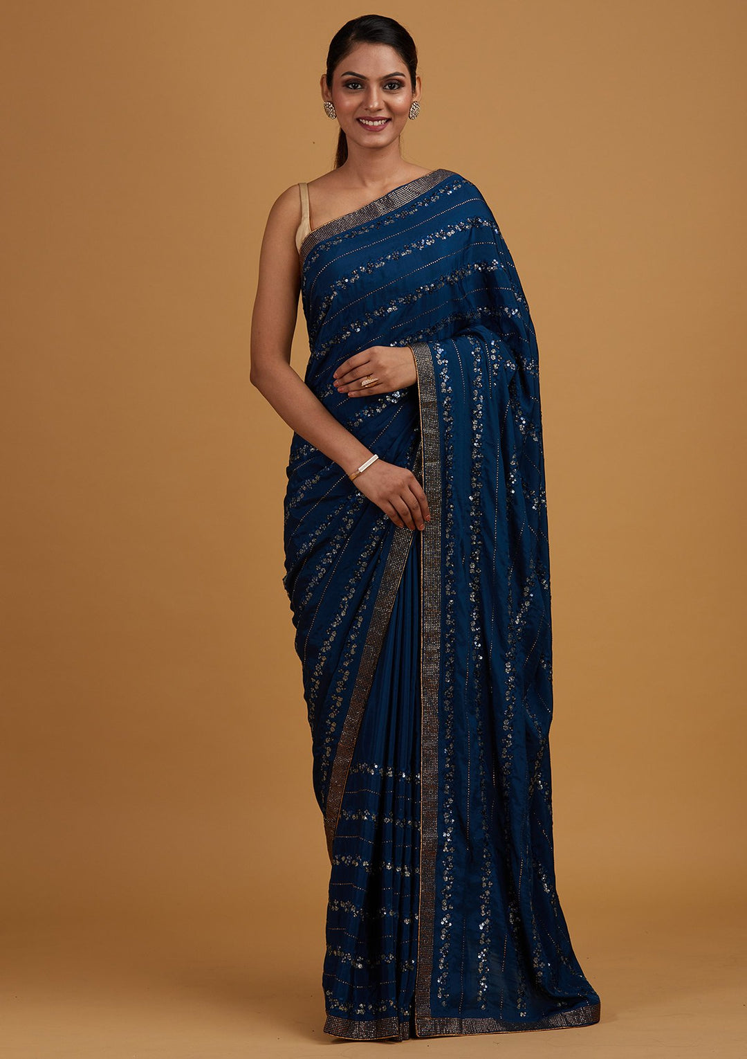 Peacock Blue Swarovski Semi Crepe Designer Saree - Koskii