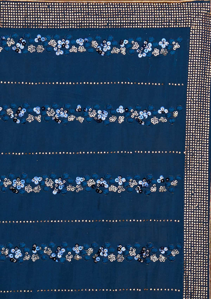 Peacock Blue Swarovski Semi Crepe Designer Saree - Koskii