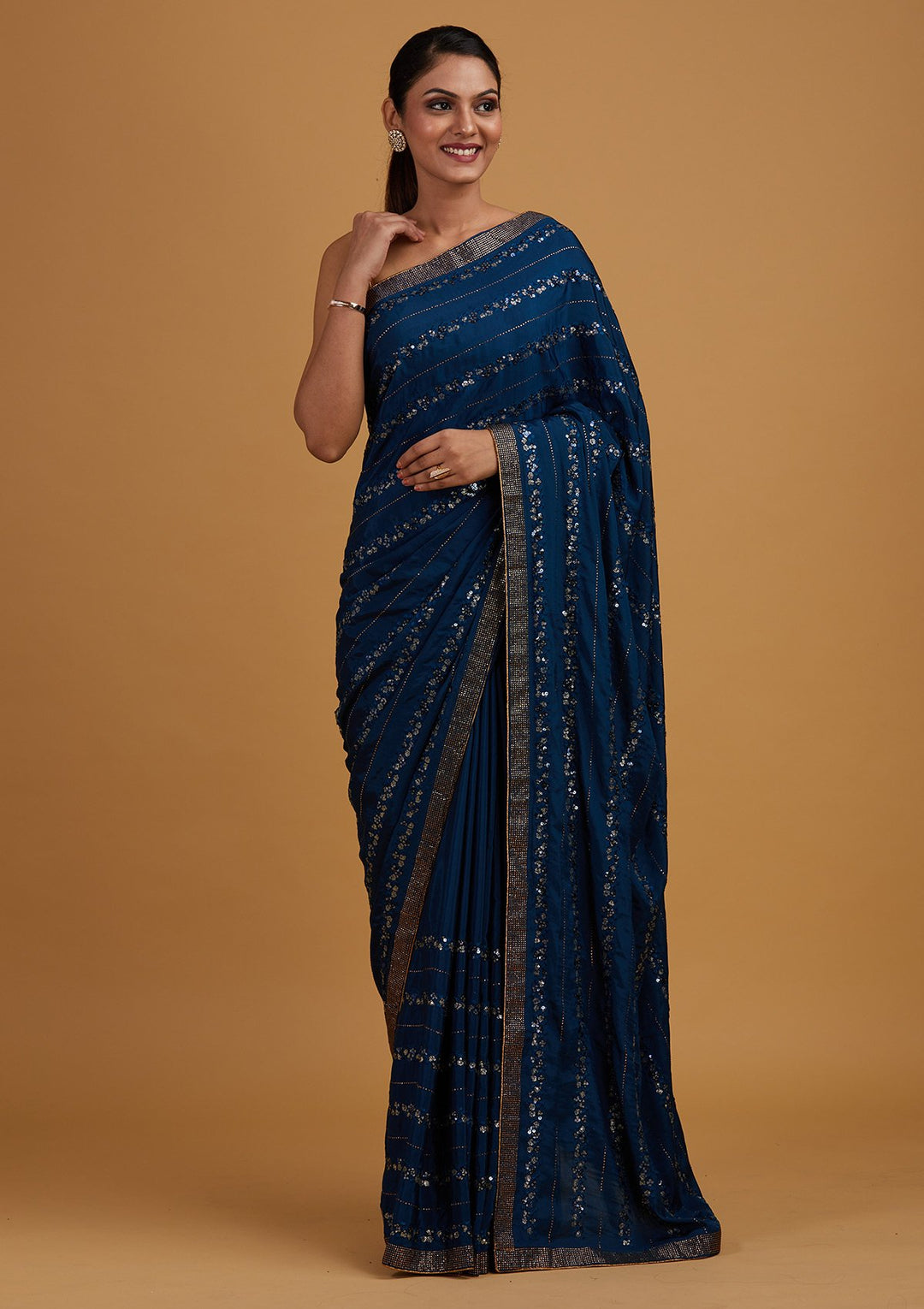 Peacock Blue Swarovski Semi Crepe Designer Saree - Koskii