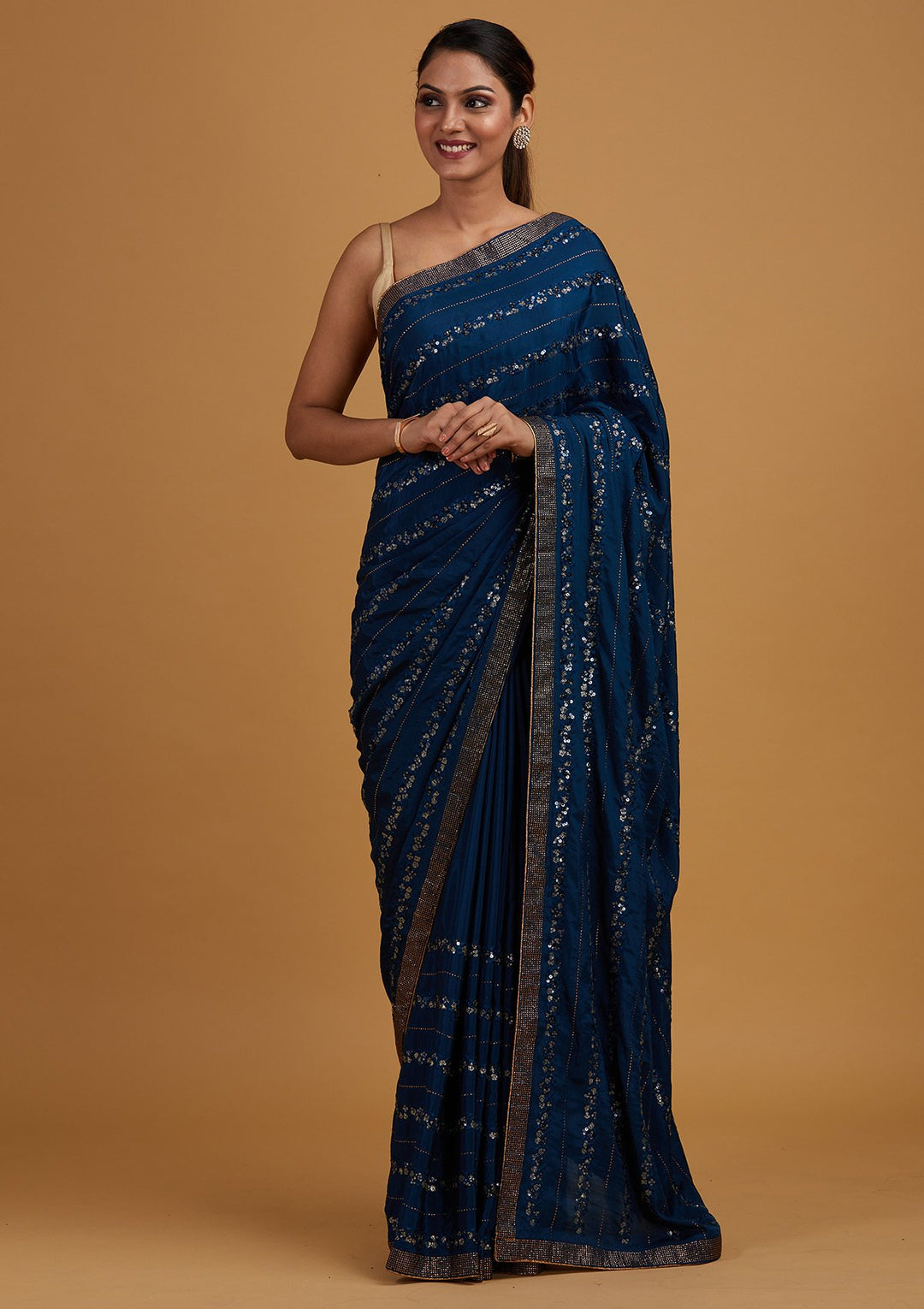 Peacock Blue Swarovski Semi Crepe Designer Saree - Koskii