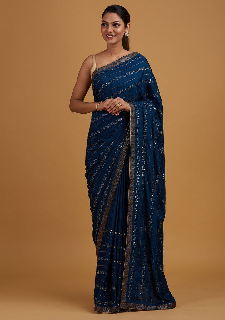 Peacock Blue Swarovski Semi Crepe Designer Saree - Koskii