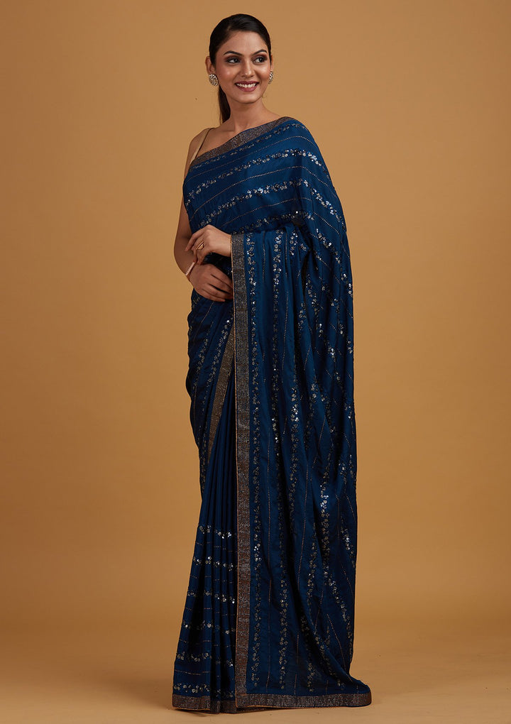 Peacock Blue Swarovski Semi Crepe Designer Saree - Koskii