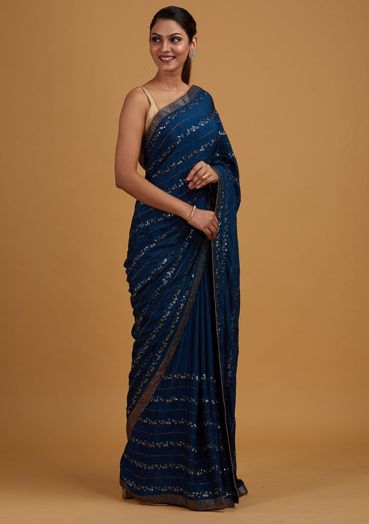 Peacock Blue Swarovski Semi Crepe Designer Saree - Koskii