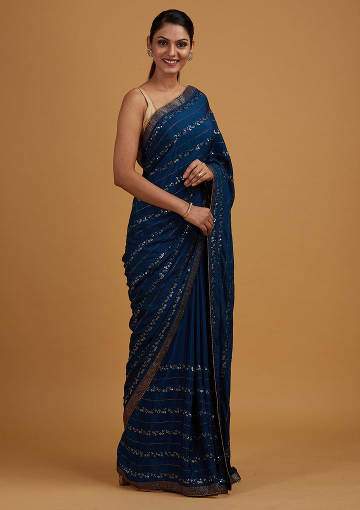 Peacock Blue Swarovski Semi Crepe Designer Saree - Koskii