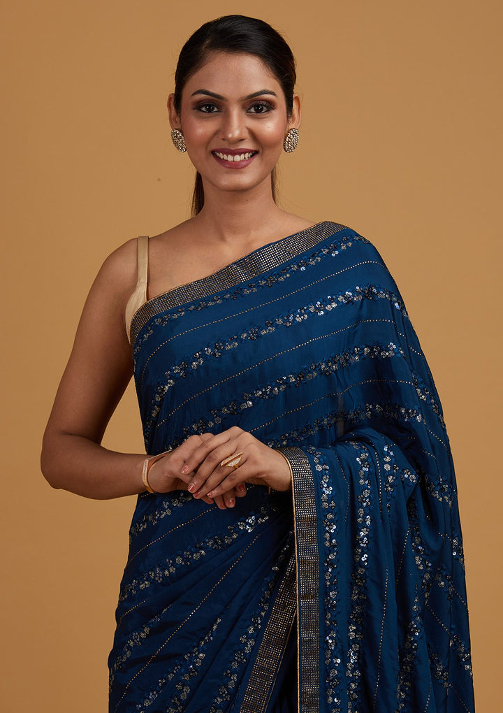 Peacock Blue Swarovski Semi Crepe Designer Saree - Koskii