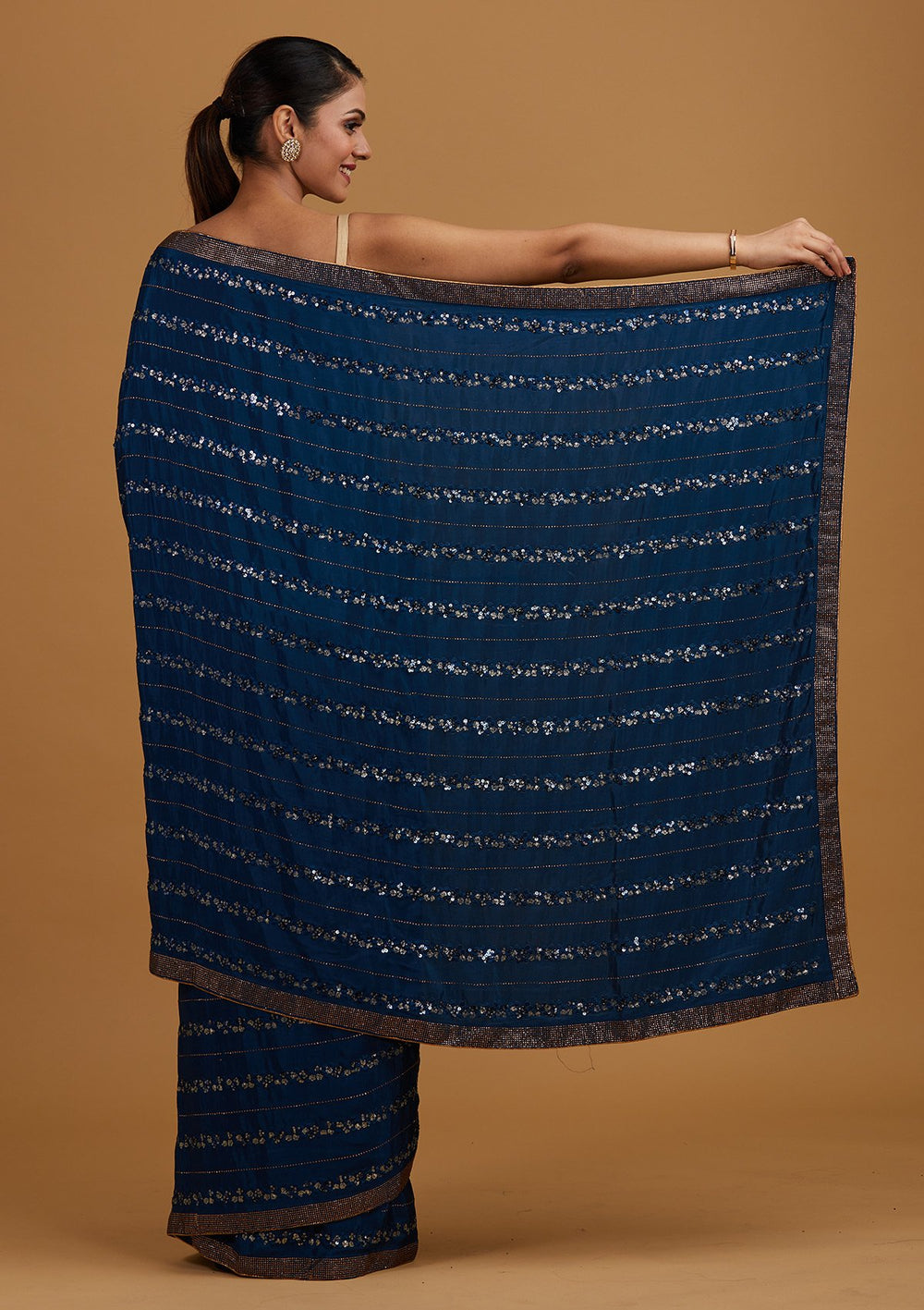 Peacock Blue Swarovski Semi Crepe Designer Saree - Koskii