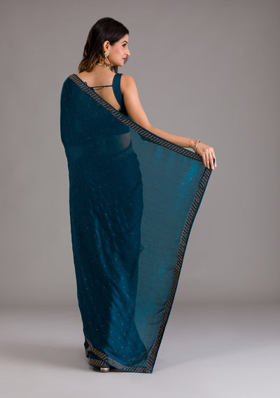 Peacock Blue Swarovski Semi Crepe Saree-Koskii