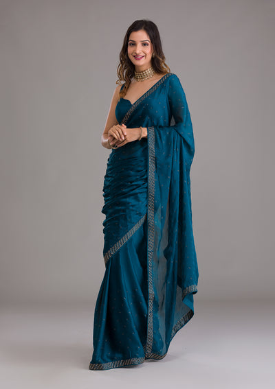 Peacock Blue Swarovski Semi Crepe Saree-Koskii