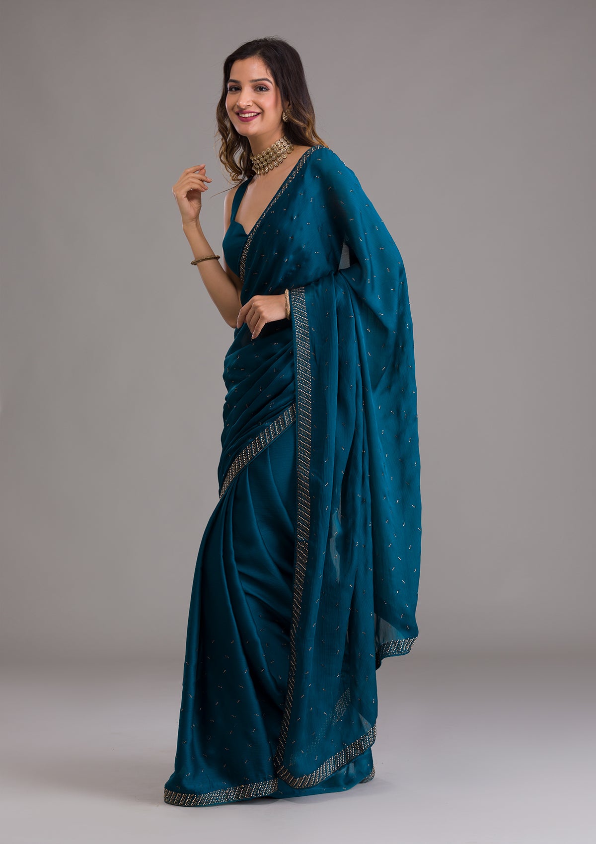 Peacock Blue Swarovski Semi Crepe Saree-Koskii