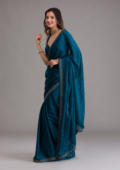 Peacock Blue Swarovski Semi Crepe Saree-Koskii