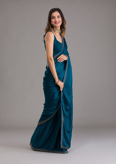 Peacock Blue Swarovski Semi Crepe Saree-Koskii
