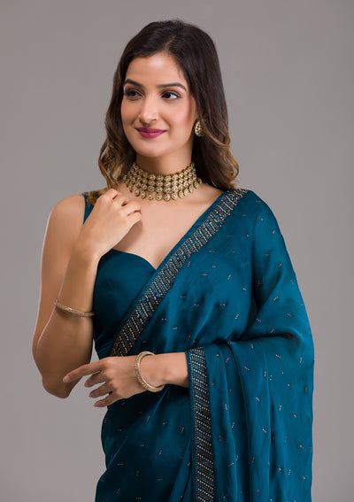 Peacock Blue Swarovski Semi Crepe Saree-Koskii