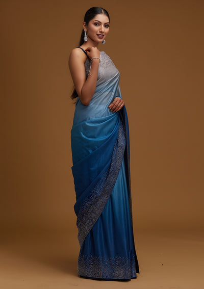 Peacock Blue Swarovski Tissue Designer Saree - Koskii