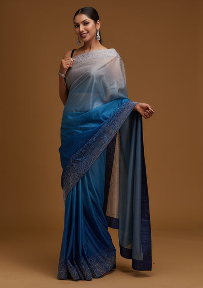 Peacock Blue Swarovski Tissue Designer Saree - Koskii