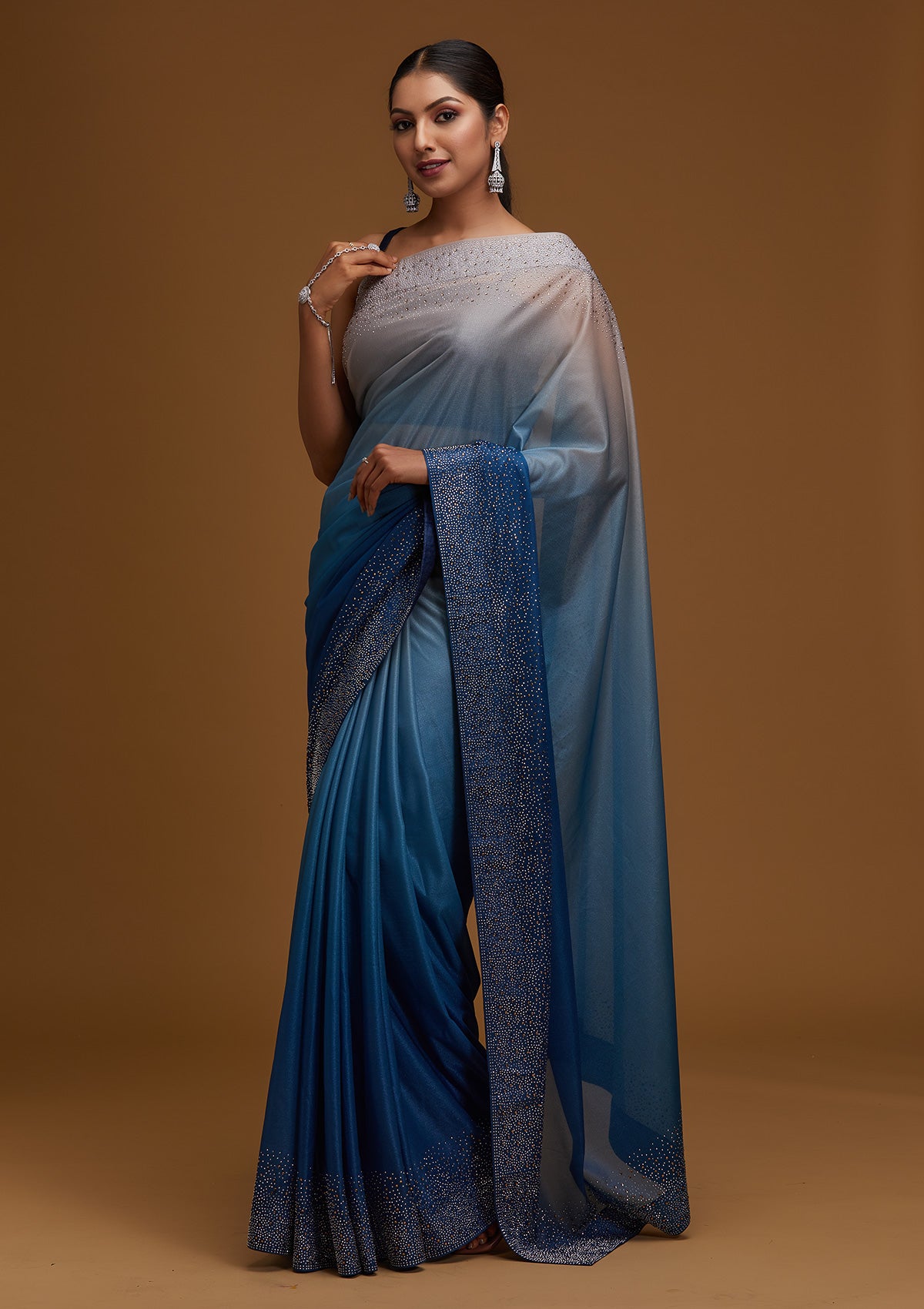 Buy Peacock Blue Swarovski Tissue Designer Saree - Koskii
