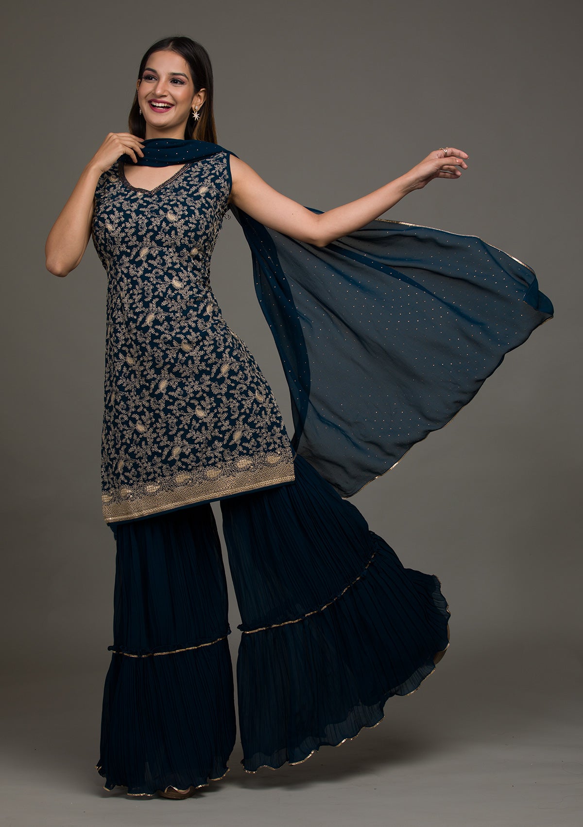 Peacock Blue Threadwork Georgette Salwar Suit-Koskii