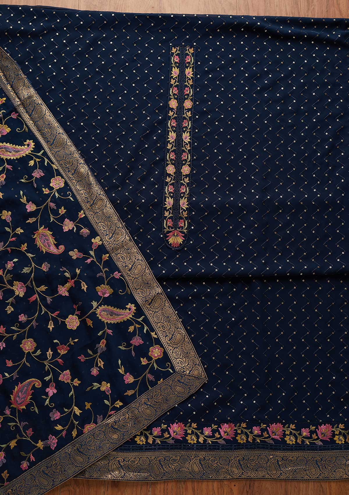Peacock Blue Threadwork Georgette Designer Unstitched Salwar Suit - koskii