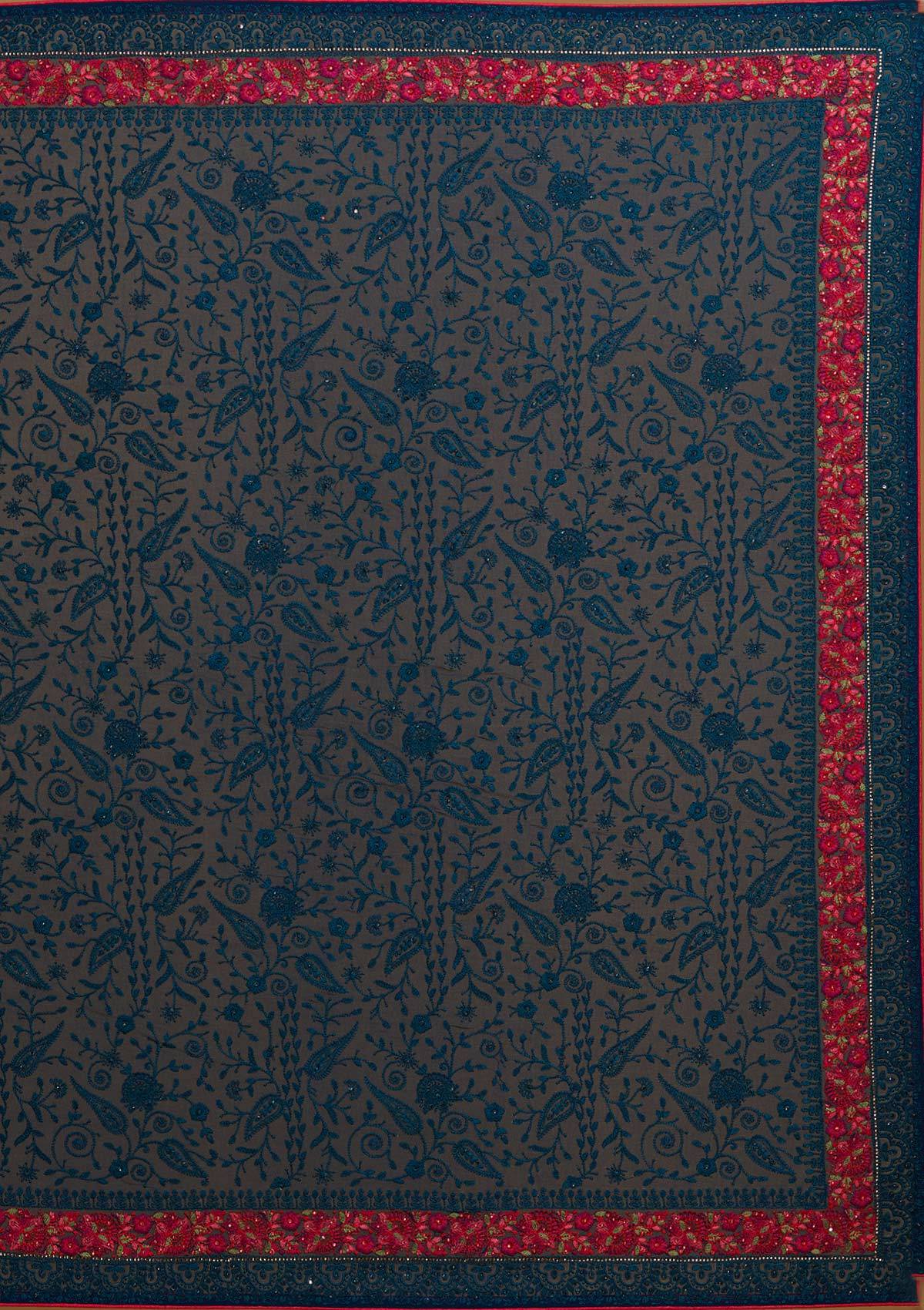 Peacock Blue Threadwork Georgette Designer Saree - Koskii