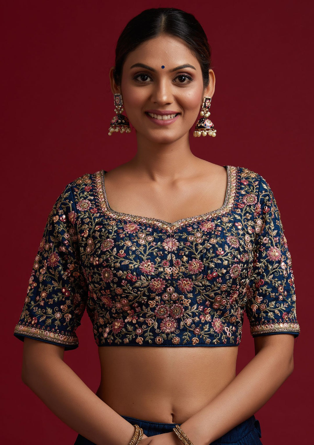 Peacock Blue Threadwork Raw Silk Designer Lehenga - koskii