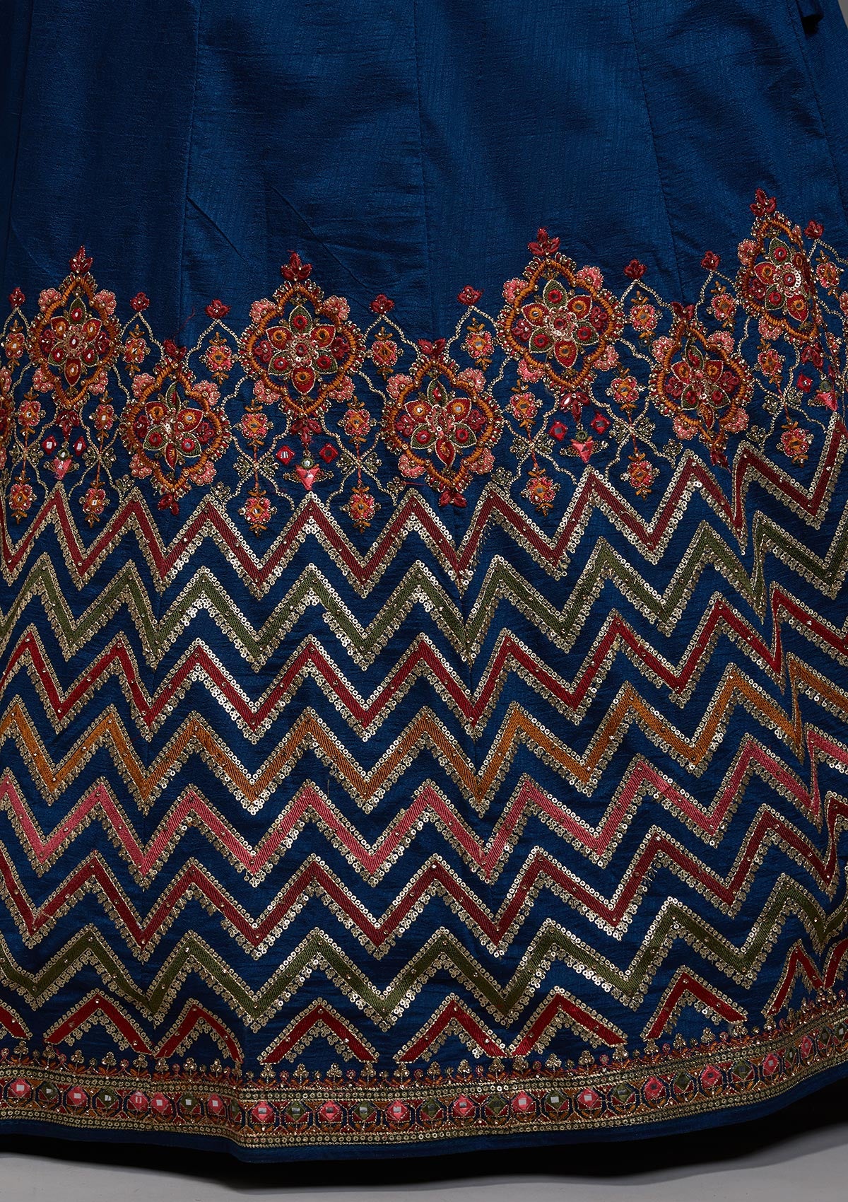 Peacock Blue Threadwork Raw Silk Designer Lehenga-Koskii