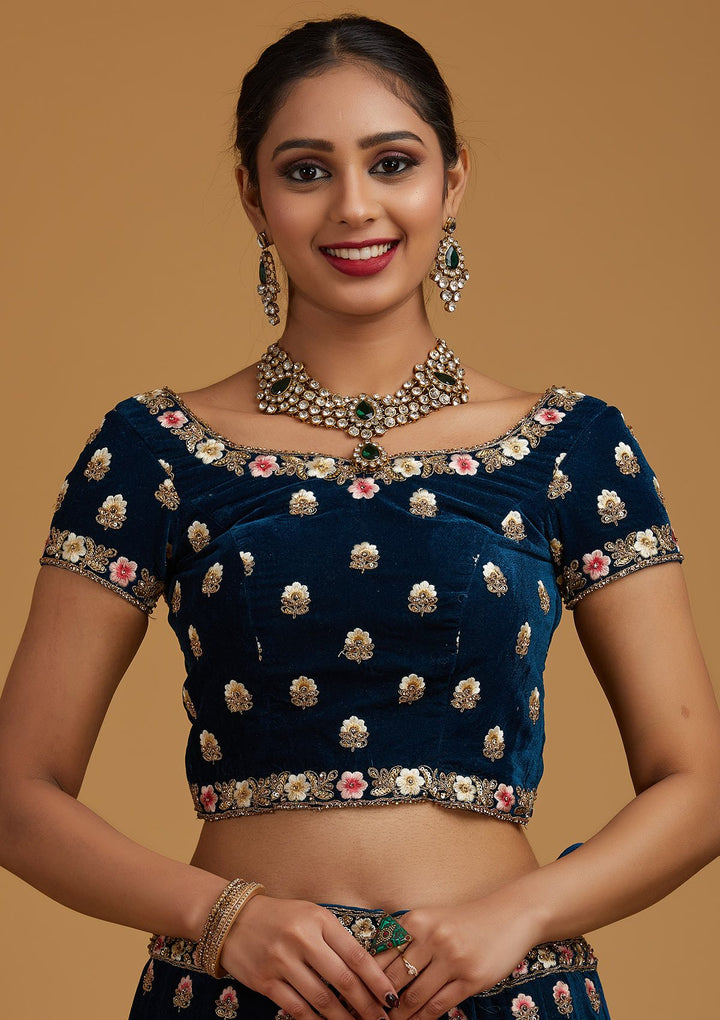 Peacock Blue Threadwork Velvet Designer Semi-Stitched Lehenga - koskii