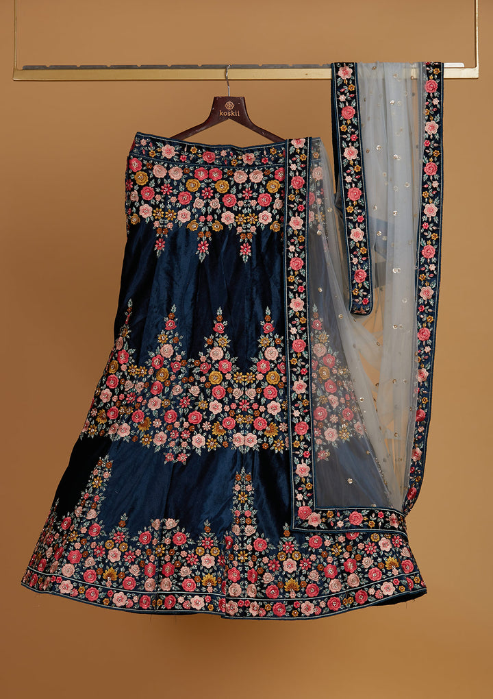Peacock Blue Threadwork Velvet Designer Semi-Stitched Lehenga - Koskii