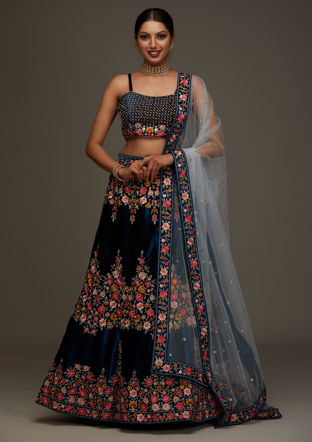 Peacock Blue Threadwork Velvet Designer Semi-Stitched Lehenga- Koskii