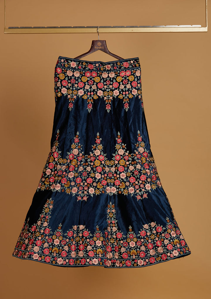 Peacock Blue Threadwork Velvet Designer Semi-Stitched Lehenga - Koskii