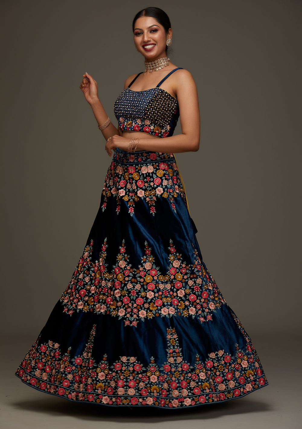 Peacock Blue Threadwork Velvet Designer Semi-Stitched Lehenga - Koskii