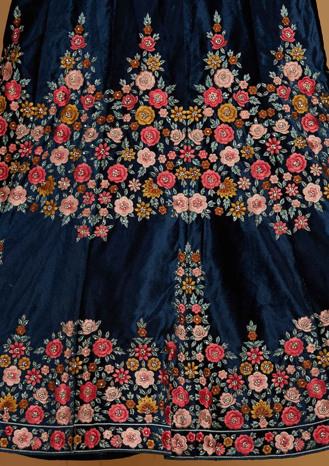 Peacock Blue Threadwork Velvet Designer Semi-Stitched Lehenga - Koskii