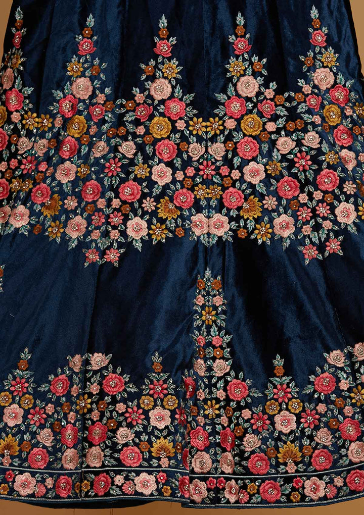 Peacock Blue Threadwork Velvet Designer Semi-Stitched Lehenga - Koskii