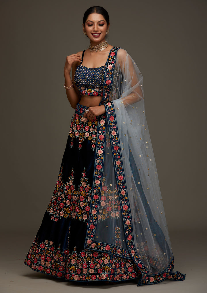 Peacock Blue Threadwork Velvet Designer Semi-Stitched Lehenga - Koskii