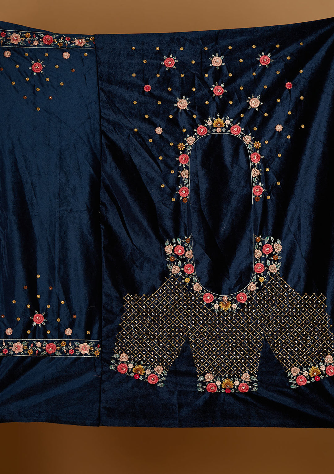 Peacock Blue Threadwork Velvet Designer Semi-Stitched Lehenga - Koskii