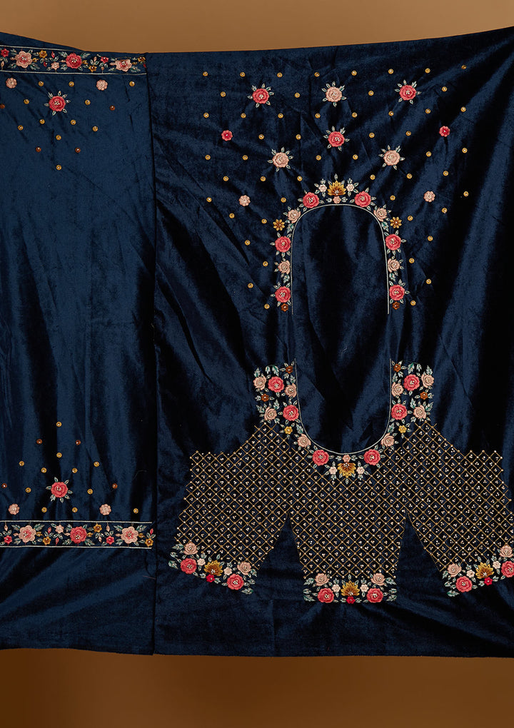 Peacock Blue Threadwork Velvet Designer Semi-Stitched Lehenga - Koskii