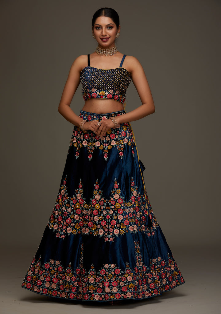 Peacock Blue Threadwork Velvet Designer Semi-Stitched Lehenga - Koskii