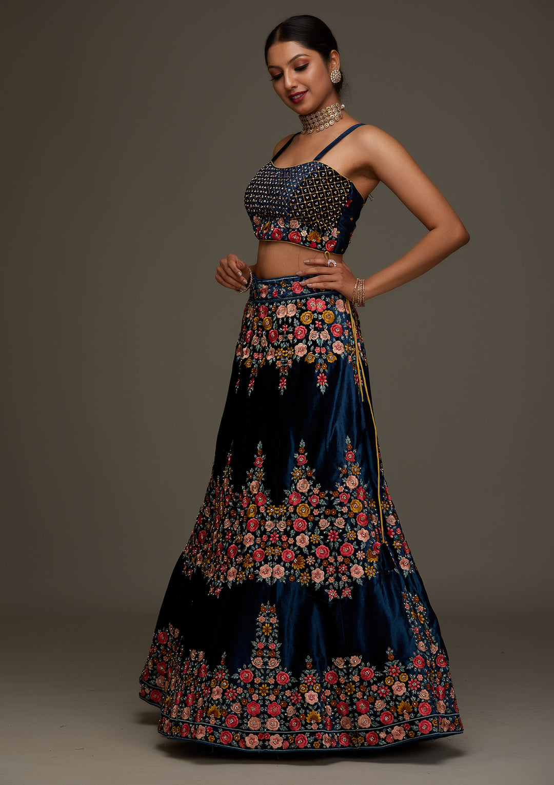 Peacock Blue Threadwork Velvet Designer Semi-Stitched Lehenga - Koskii