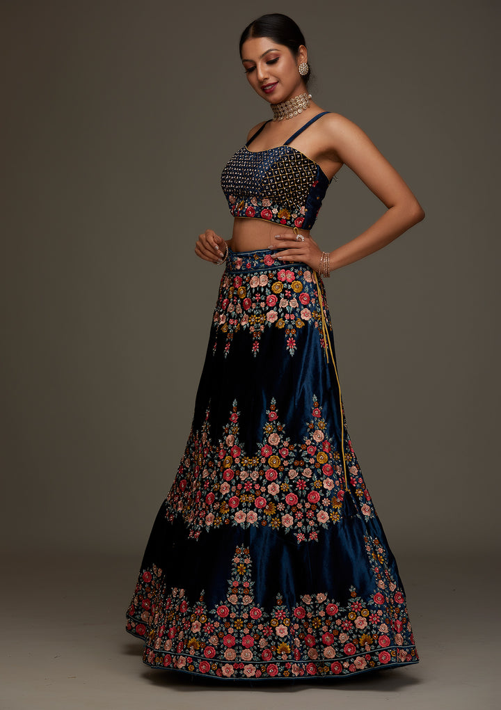 Peacock Blue Threadwork Velvet Designer Semi-Stitched Lehenga - Koskii