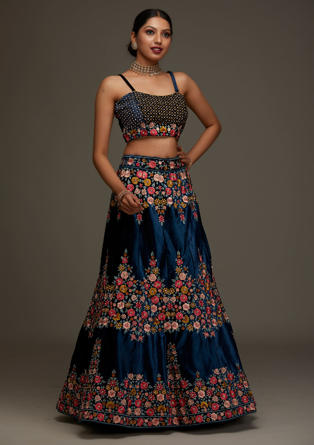 Peacock Blue Threadwork Velvet Designer Semi-Stitched Lehenga - Koskii
