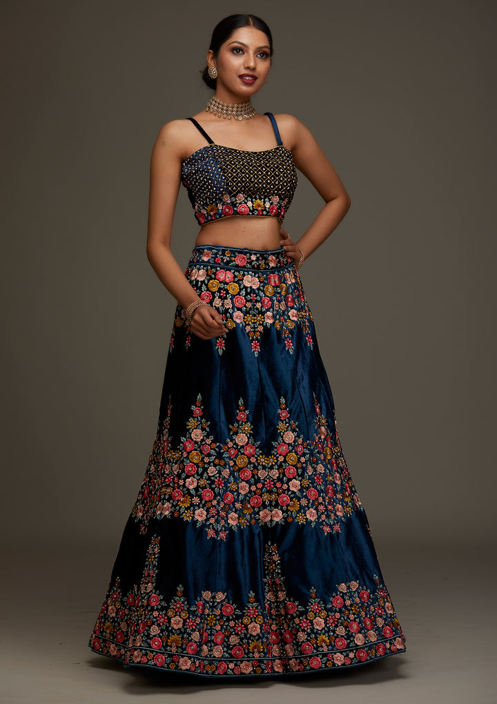 Peacock Blue Threadwork Velvet Designer Semi-Stitched Lehenga - Koskii