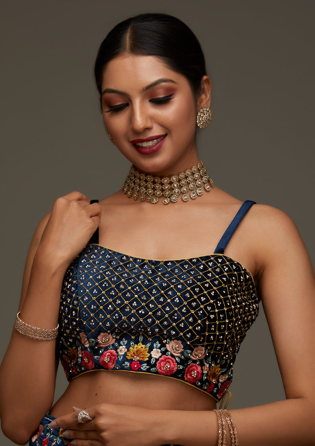Peacock Blue Threadwork Velvet Designer Semi-Stitched Lehenga - Koskii