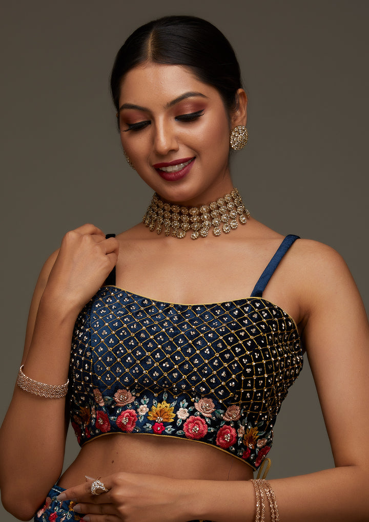 Peacock Blue Threadwork Velvet Designer Semi-Stitched Lehenga - Koskii