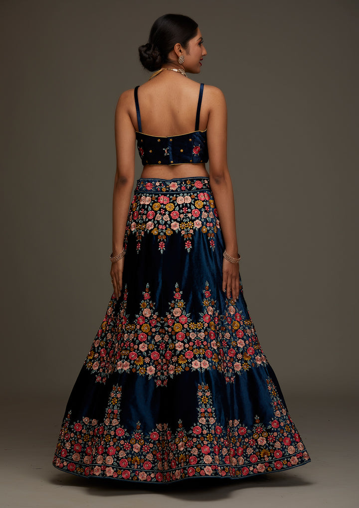 Peacock Blue Threadwork Velvet Designer Semi-Stitched Lehenga - Koskii