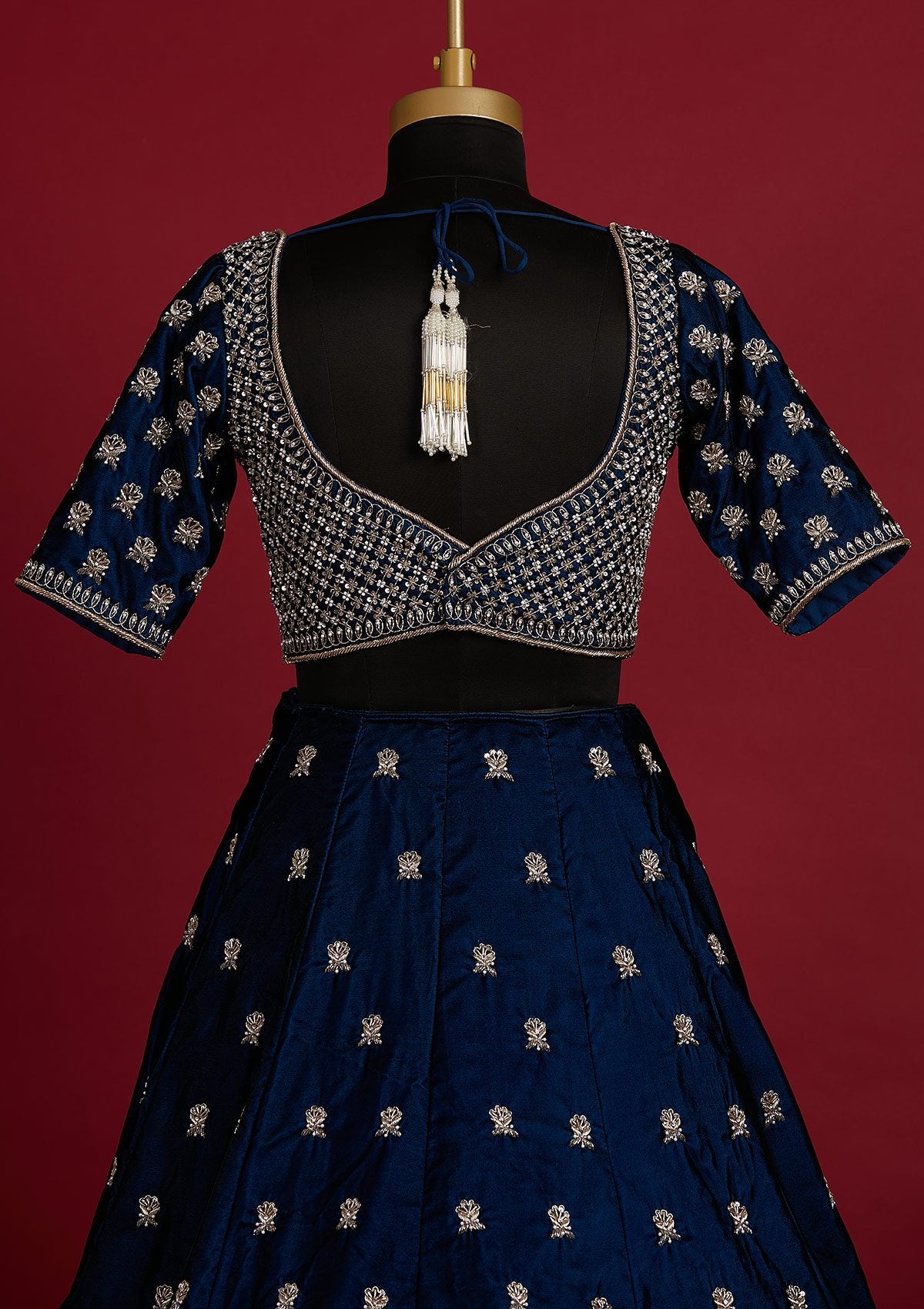 Peacock Blue Zardosi Velvet Designer Lehenga - koskii