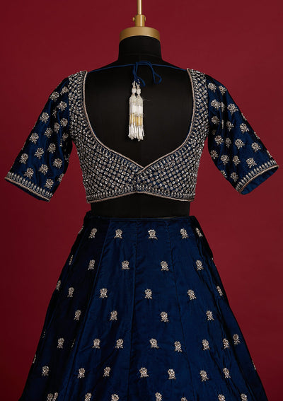 Peacock Blue Zardosi Velvet Designer Lehenga - koskii
