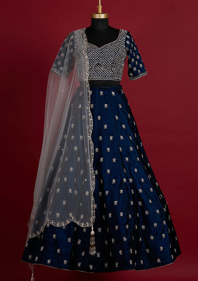 Peacock Blue Zardosi Velvet Designer Lehenga - koskii