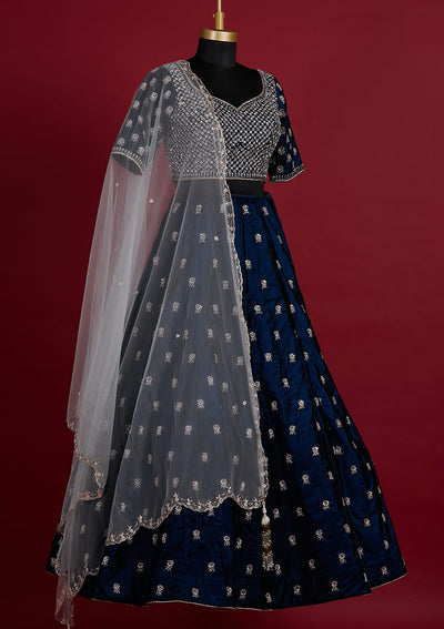 Peacock Blue Zardosi Velvet Designer Lehenga - koskii