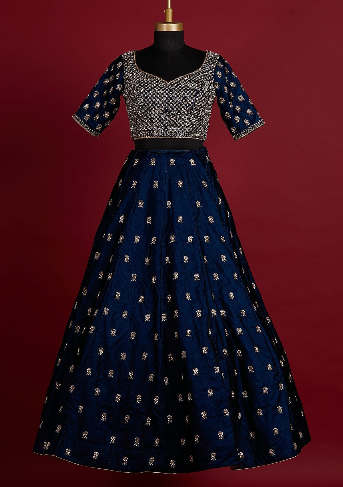 Peacock Blue Zardosi Velvet Designer Lehenga - koskii
