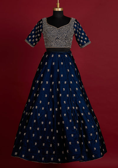 Peacock Blue Zardosi Velvet Designer Lehenga - koskii