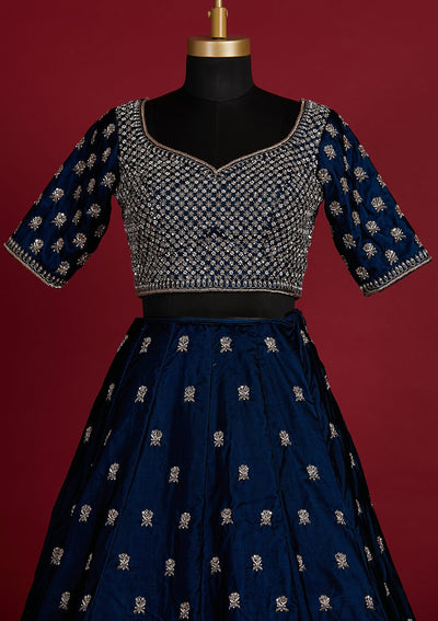Peacock Blue Zardosi Velvet Designer Lehenga - koskii